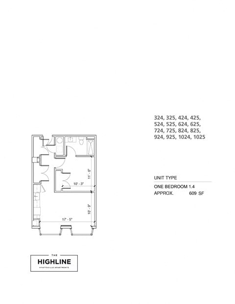 Floor plan for 1 bed, 1 bath, 620 sqft